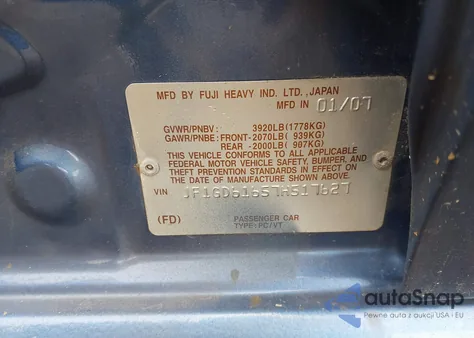 2007 Subaru Impreza 2.5I from USA, damaged, VIN JF1GD61657H517627